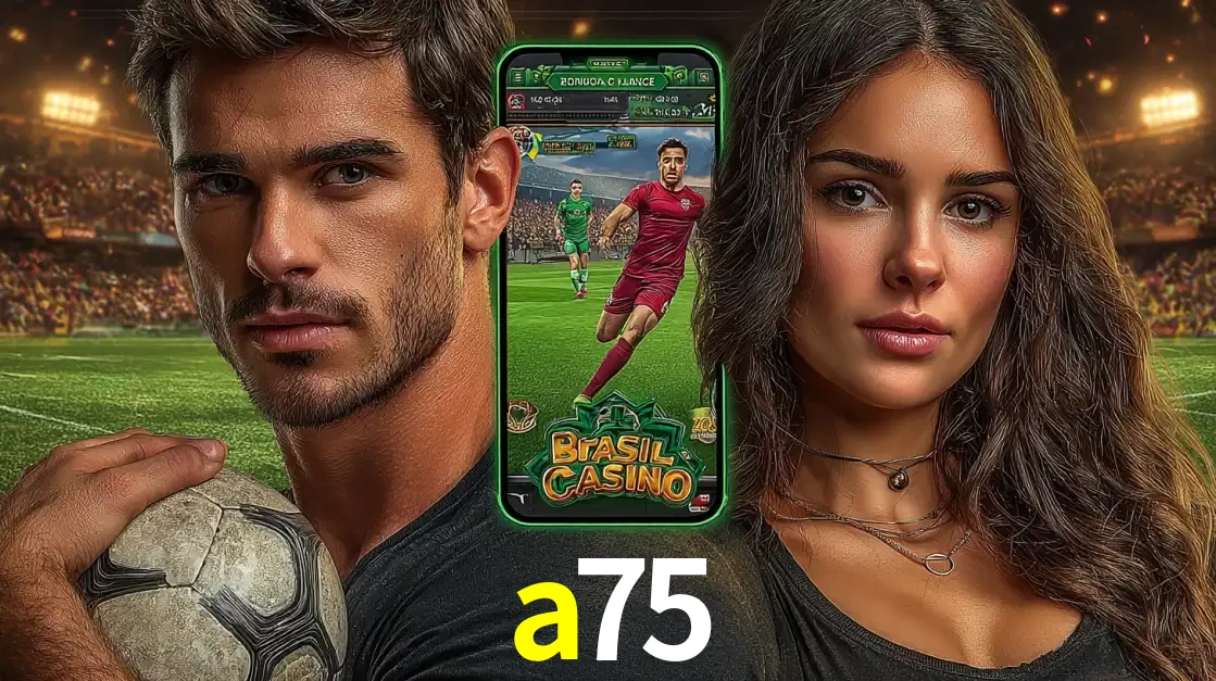 Homem segurando uma bola de futebol e uma mulher ao lado de um smartphone exibindo o jogo de apostas esportivas da a75. Faça seu palpite no cassino online.